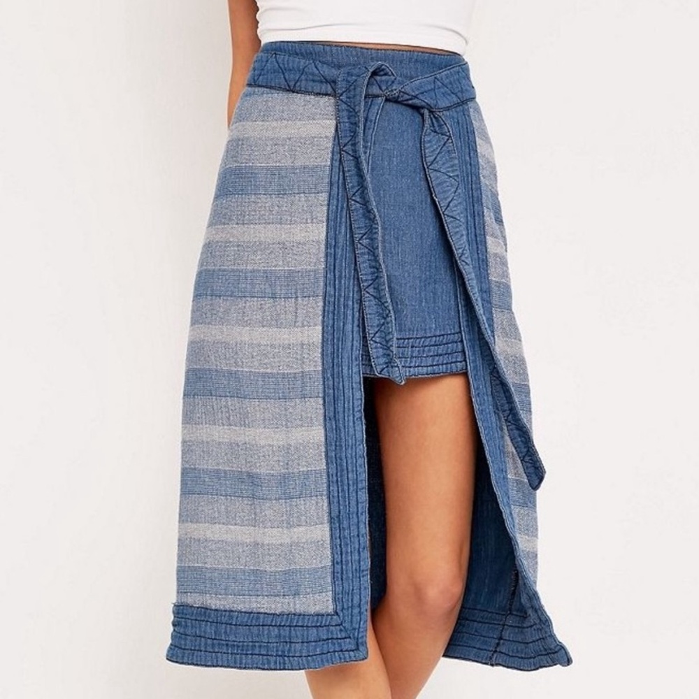 Free People Blue Striped High-Low Denim Wrap Skirt